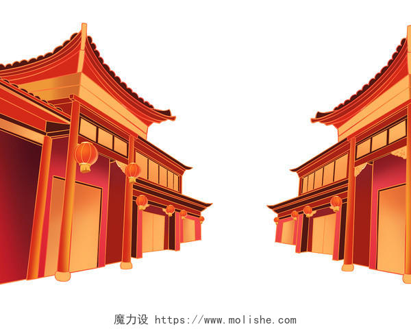 彩色手绘国潮风古风中国风古建筑房屋国潮元素PNG素材
